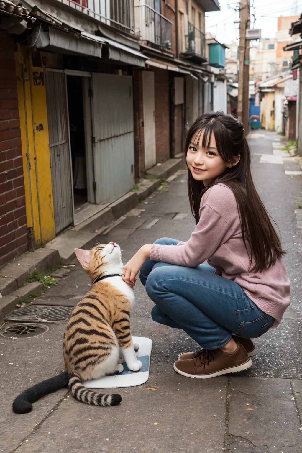 Highest quality, High resolution, Clear image, (many (detailed) a bit cats) And one girl:1.3), Focus on the cat, a bit (detailed) Cats around a girl,The background is a back alley, detailedな日光, Sitting, Viewers staring at the girl, Front view, (Viewers staring at a cat:1.2), Sitting on the floor grasping knees, (Happy:1.3) , (kitten)