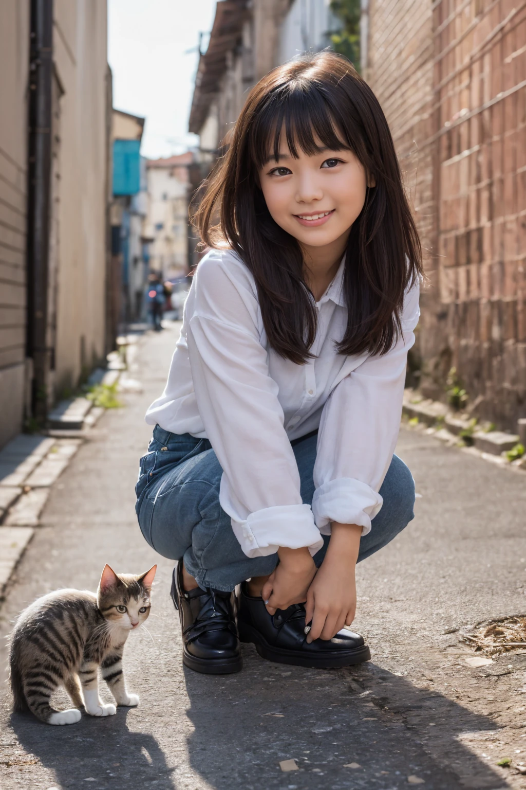 Highest quality, High resolution, Clear image, (many (detailed) a bit cats) And one girl:1.3), Focus on the cat, a bit (detailed) Cats around a girl,The background is a back alley, detailedな日光, Sitting, Viewers staring at the girl, Front view, (Viewers staring at a cat:1.2), Sitting on the floor grasping knees, (Happy:1.3) , (kitten)