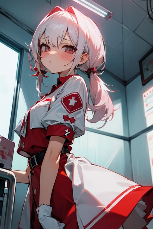 Short white hair, blush, nurse、Punk Fashion、Headbang 2.、Red clothes、Twin tails、sharp、(Inside the hospital)