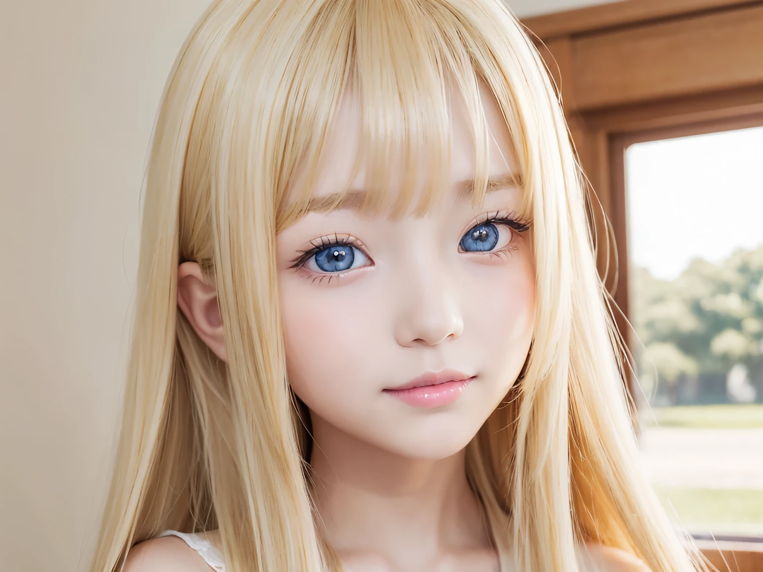 Beautiful super long straight silky hair that shines in a dazzling golden hue、Bright expression、blonde girl posing、long golden bangs between the eyes,,,,、Shiny white skin、Pink Cheeks、Shining Cheeks、Real Girl、（10 year old girl）、Beautiful girl with shining golden platinum blonde、Beautiful big bright blue eyes、Smile