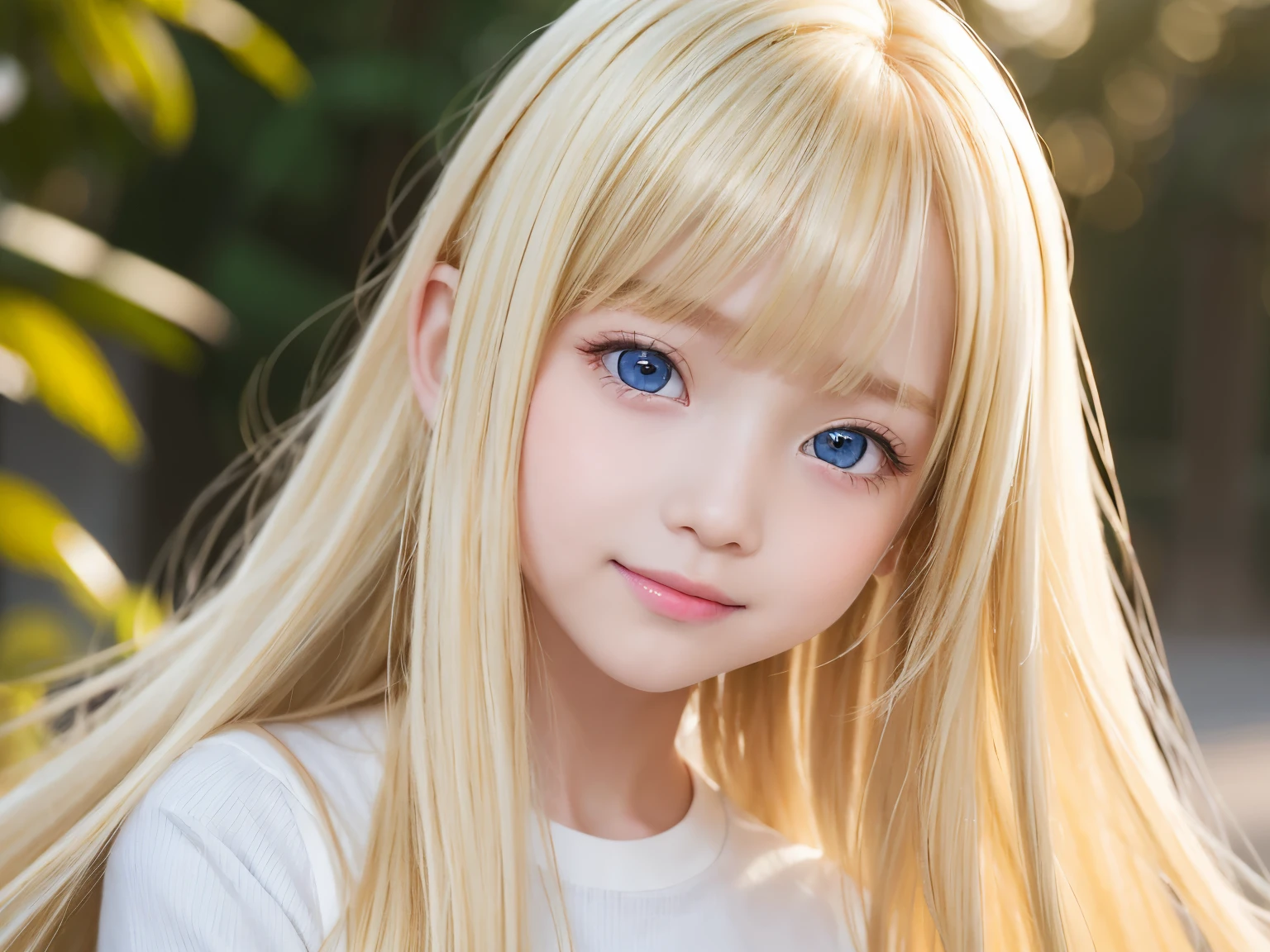 Beautiful super long straight silky hair that shines in a dazzling golden hue、Bright expression、blonde girl posing、long golden bangs between the eyes,,,,、Shiny white skin、Pink Cheeks、Shining Cheeks、Real Girl、（10 year old girl）、Beautiful girl with shining golden platinum blonde、Beautiful big bright blue eyes、Smile