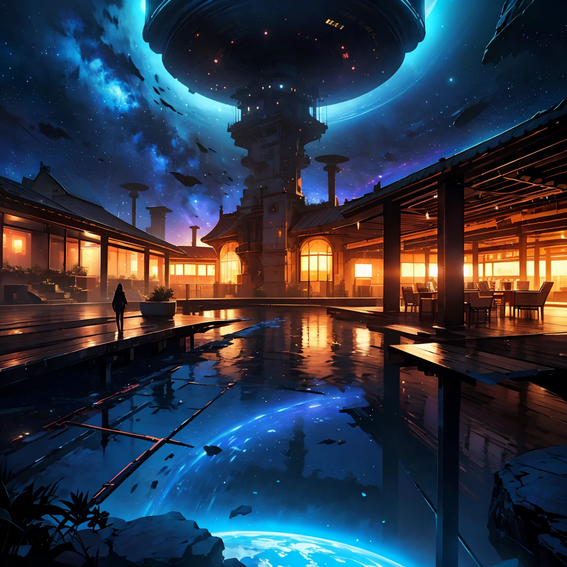 (Highest quality, 4K, 8k, High resolution, masterpiece:1.2), Very detailed, (Realistic, photoRealistic, photo-Realistic:1.37), Luxury Space Resort Hotel, Very detailed風景, Nice views, Shimizu, An amazing young and mysterious figure, Goddess of space and time, Direct rotational energy, Space Goddess, Relaxing lounge area, Impeccable service, Delicious cocktails, Fine dining with panoramic views of the galaxy, Quiet and tranquil atmosphere, romantic, Soft and warm ambient lighting, rich and vivid colors, Luxury and sophistication, Space Girl, Star Fairy, A futuristic space resort landscape, 超Realistic，Highest quality