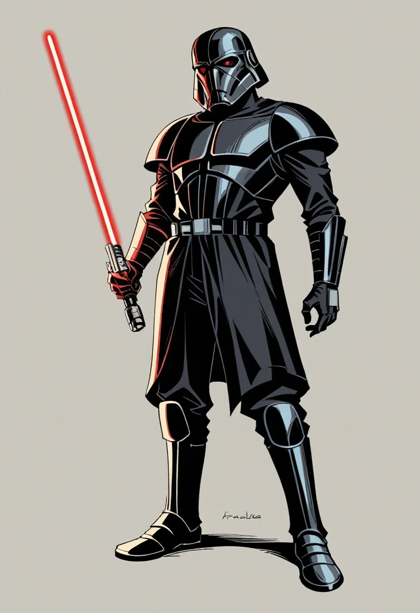 A inquisitor, sith with red lightsaber, concept art, stranger, fighter, star wars style, black and silver heavy armor, heavy helmet darth vader style, frank frazetta style, alone, alien ambient