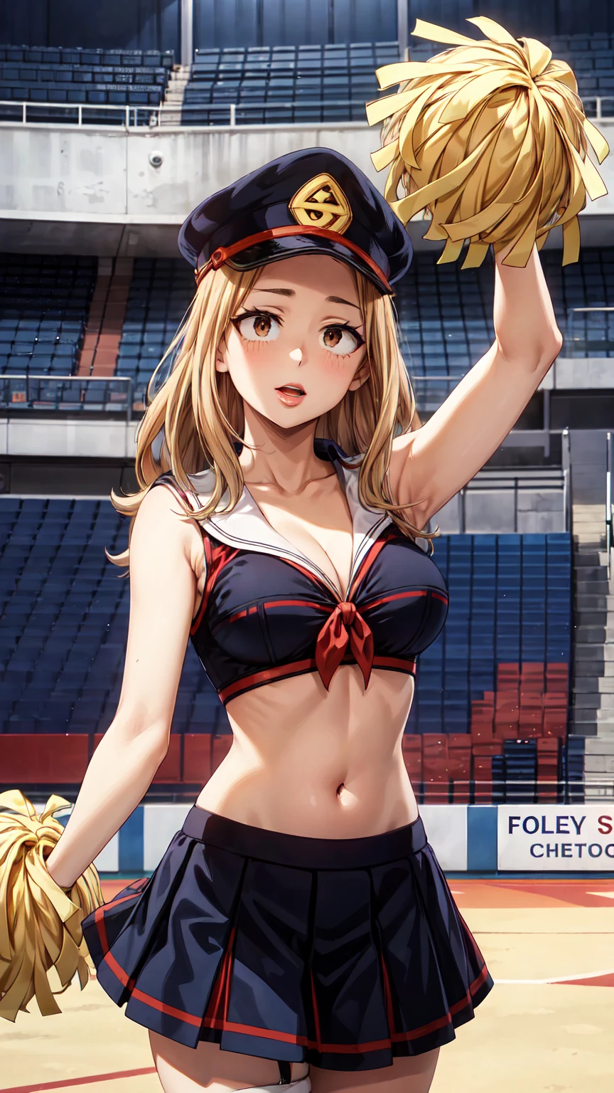 Masterpiece ,best quality , high resolution , (1 girl solo:1.38) , (camie, long hair, brown hair, brown eyes, peaked cap , lipstick , eyeliner) , (cleavage:1.2) , (medium breast:1.28) , (wear baseball hat , belly , navel , white sailor , bow , knot , stockings , panties , strong wind , big wing , skirt lift ) , (cleavage:1.15) , (big breast:1.1) , (face view , look at view ) , (cheerleader , cheering , holding pom pom , skirt , head tilt , jumping) , (outdoor , gym,Playing field,Cheerleading ,Strong winds,gale,ribbons flying,victory)
