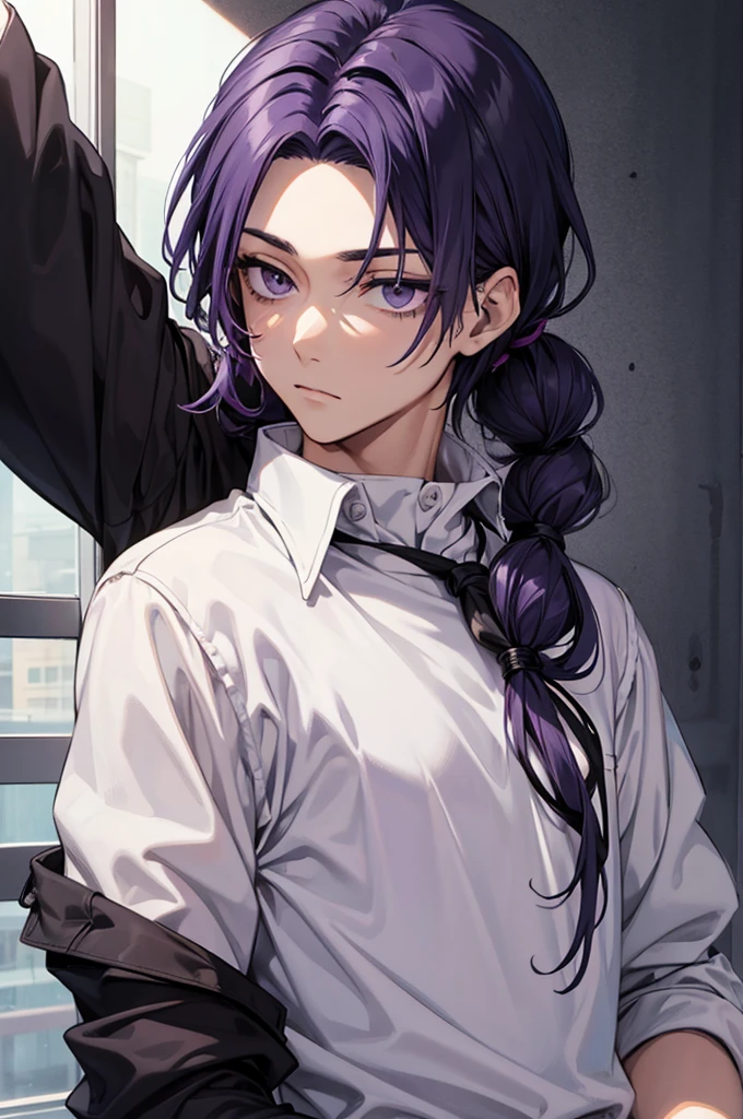 man, 1 person, Anime, Dark purple hair parted on the side, Black eye contour, Wear a white long-sleeved shirt, Dark purple eyes.