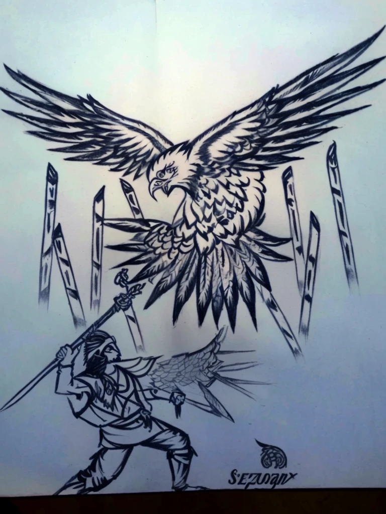 drawing of a man holding a sword and a bird with a sword, avian warrior, with an eagle emblem, by Slobodan Pejić, tattoo design sketch, inked drawing, flying mythical beasts, artwork of a phoenix, the large birds of war, in the art style of quetzecoatl, illustration in pen an ink