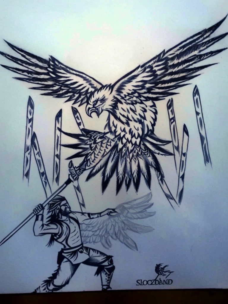 drawing of a man holding a sword and a bird with a sword, avian warrior, with an eagle emblem, by Slobodan Pejić, tattoo design sketch, inked drawing, flying mythical beasts, artwork of a phoenix, the large birds of war, in the art style of quetzecoatl, illustration in pen an ink