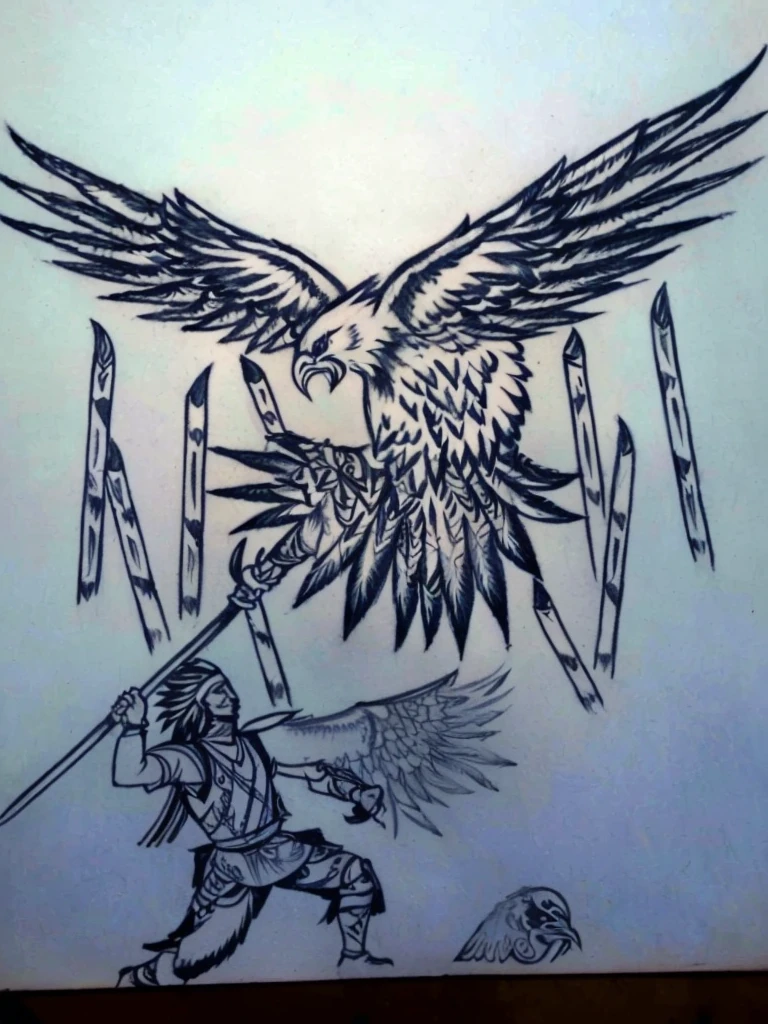 drawing of a man holding a sword and a bird with a sword, avian warrior, with an eagle emblem, by Slobodan Pejić, tattoo design sketch, inked drawing, flying mythical beasts, artwork of a phoenix, the large birds of war, in the art style of quetzecoatl, illustration in pen an ink