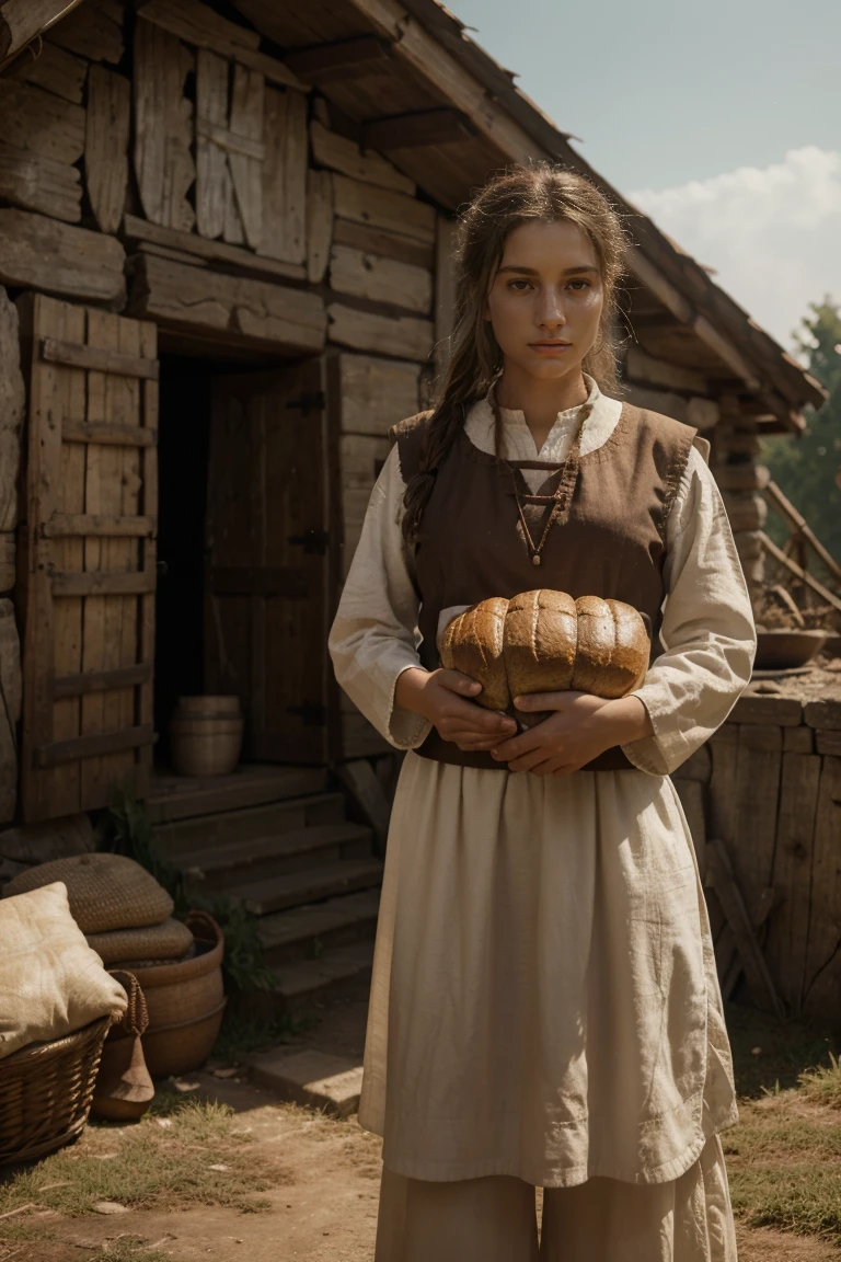 photo of a group of women and men in peasant clothes, holding a loaf of bread, against the backdrop of an ancient Slavic settlement with cinematic lighting, Volumetric Light, shiny colors, Focus Clear, 8 mil style, gaining popularity on ArtStation, extremely detaild, 8 mil, 超detailded, high resolution, 4K, digitl art, high resolution, engine unreal, 4K, colors beautiful, hiperealistic