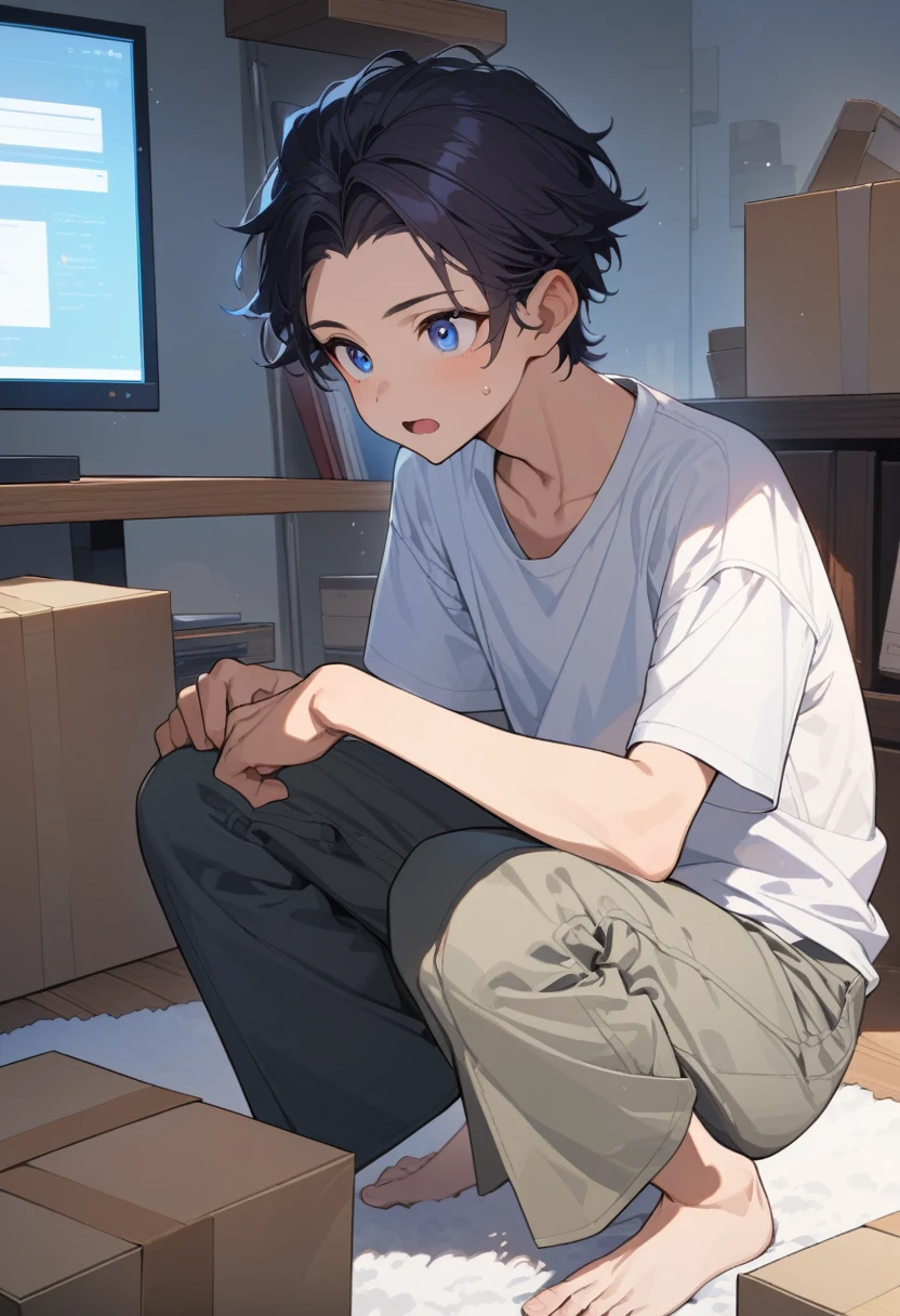 masterpiece, best quality, extremely detailed, ultra detailed, flat anime, 2D, ((1boy)),black hair, (short hair:1.5),blue eyes, height 1.7meters, (circle eyes:1.2), (young adult:1.2), Ear-length sideburns, long Sleeves, White T-shirt, barefoot, ((short sleeves)), ((long pants)), squatting, open mouth, summer, 12AM, livingroom,organizing the boxes., ((portrait)),full body