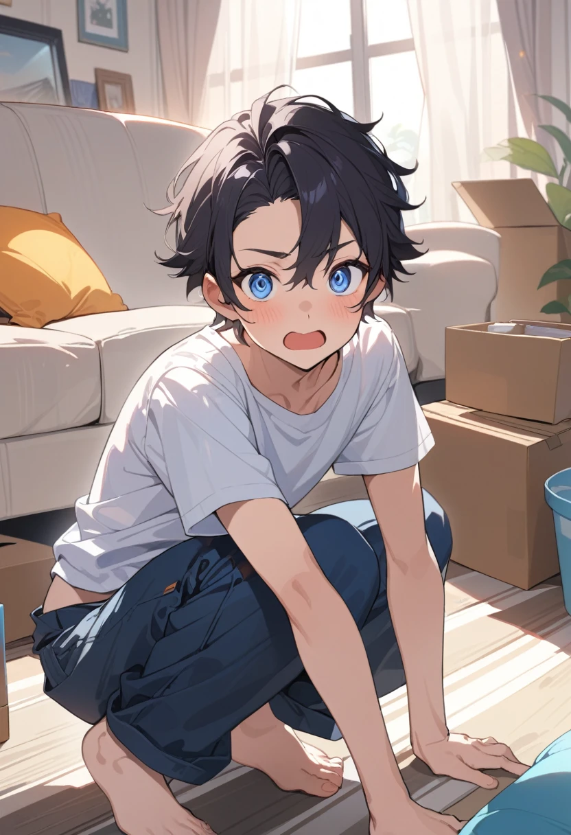 masterpiece, best quality, extremely detailed, ultra detailed, flat anime, 2D, ((1boy)),black hair, (short hair:1.5),blue eyes, height 1.7meters, (circle eyes:1.2), (young adult:1.2), Ear-length sideburns, long Sleeves, White T-shirt, barefoot, ((short sleeves)), ((long pants)), squatting, open mouth, summer, 12AM, livingroom,organizing the boxes., ((portrait)),full body
