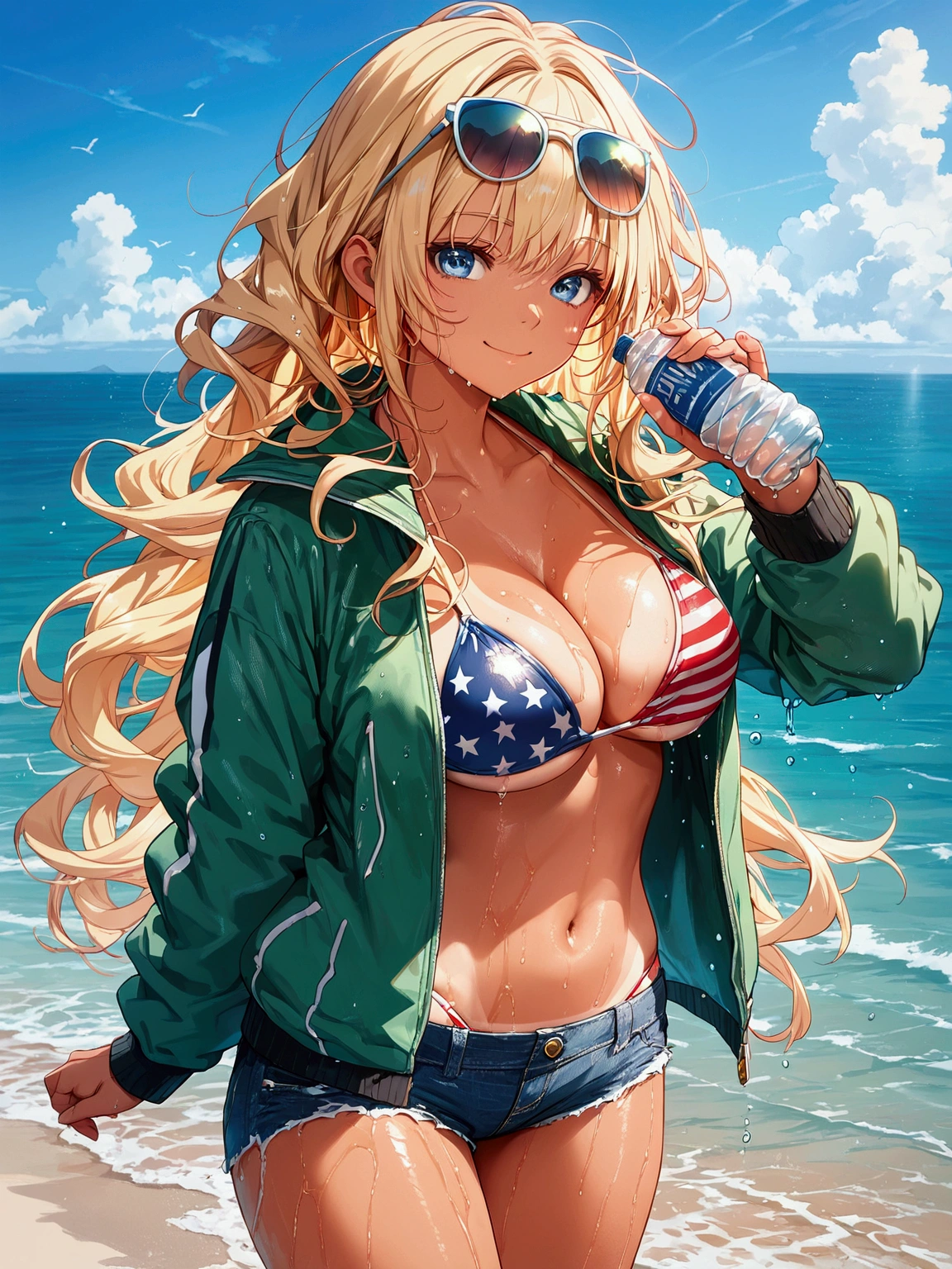 score_9, score_8_up, score_7_up, rating_safe, masterpiece, best quality, very aesthetic, absurdres, 1girl, solo, blonde hair, long hair, messy hair, bangs, blue eyes, smile, pink cheek, (flight jacket, green jacket), denim shorts, (american flag bikini), bikini under clothes, (eyewear on head, sunglasses), large breasts, cleavage, navel, athletes, holding water bottle, wet, wet body, oil, tan, bikini tan, gleaming skin, looking at viewer, outdoors, sea, sand