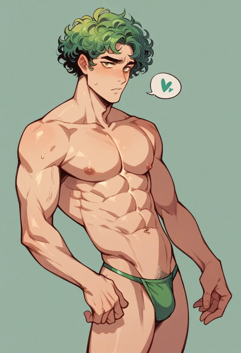 A naked man wearing only a yellow and green thong with his curly hair 