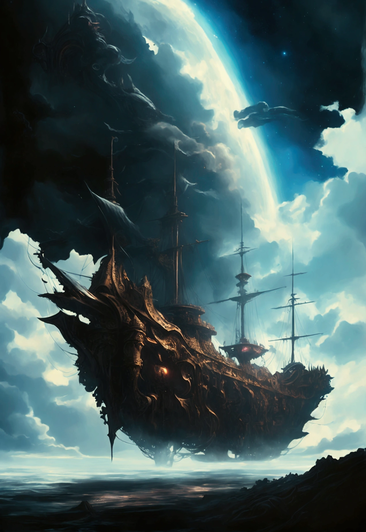 In the depths of horror black space, a fantastical ship appears, its hull adorned with intricate designs and its masts reaching towards the stars.