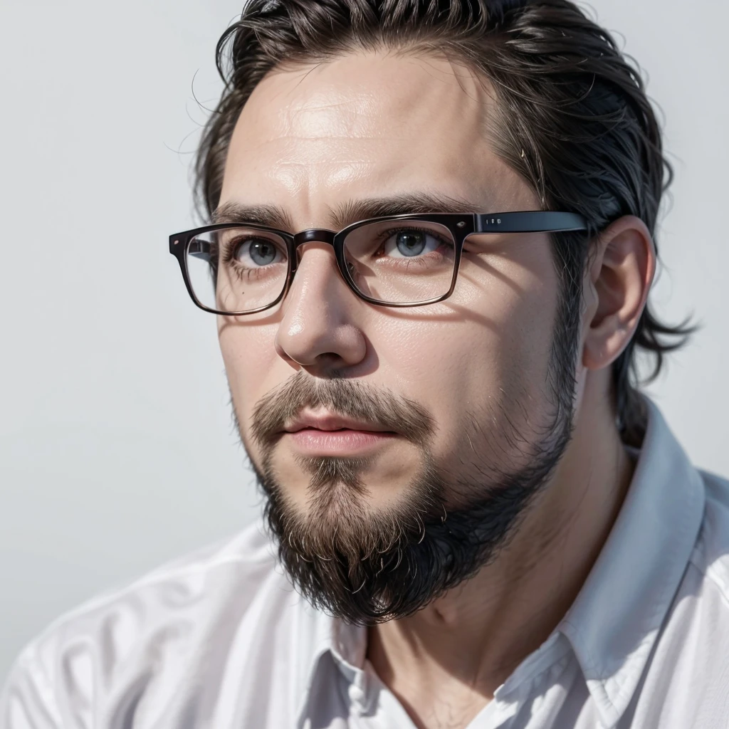 create a profile picture for me of a 45 year old man with a beard, straight and short hair and wear glasses, de terno e gravata, White background