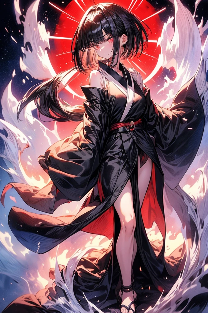Shizune from Naruto fair slender women average height and slender build with big chest, onyx eyes and jet-black hair; her hair is straight shirt reaching only her neck with bangs that cover her ears and frame her face, wearing long bluish-black kimono with white trimmings, held closed by a white obi, and open-toed sandals with low heels.