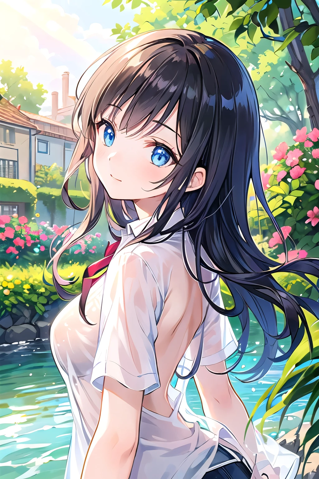 ((Highest quality)), ((masterpiece)), (detailed), , Black Hair,(Childish face), (Long Hair), Girl,  Breasts, topless, ((Blue eyes)),half-smile ,Sunlight, (close_up) , Thea Shirt, (arched back) , riverbank, flower garden,(See-through shirt),Thea Shirt,