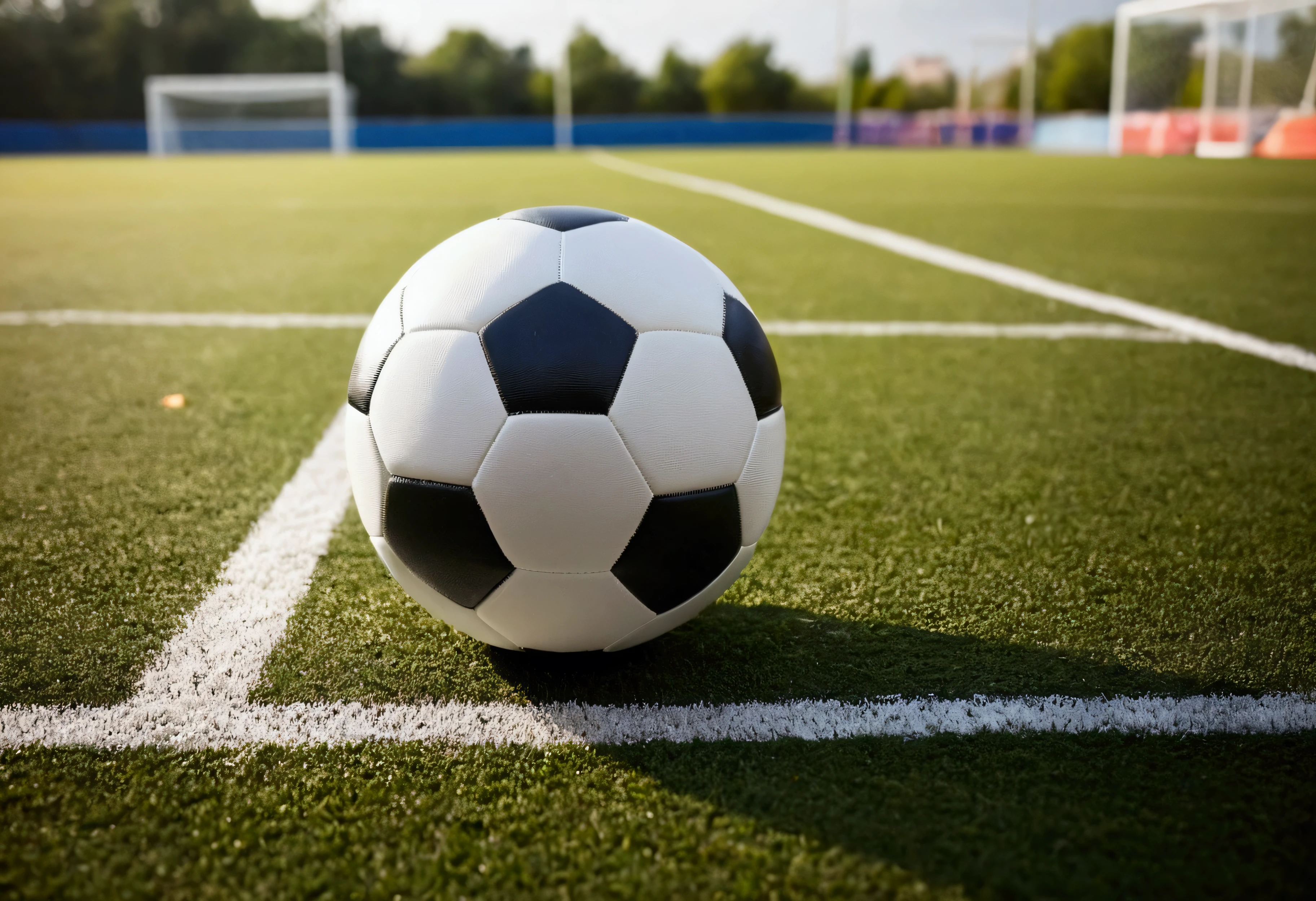 a picture of a soccer ball on the floor, soccer field in the background like in a commercial, soccer field out of focus
