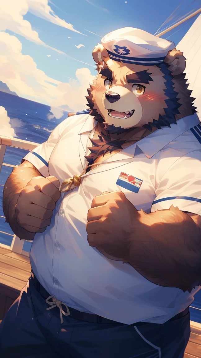 (Vision:1.5), solitary, anthropology, hairy, hairy male, Bear, ((Fluffy fur, Fluffy, hairy body)), (bear print), (Thick eyebrows), youth, muscular, pectoralis major, White fur, Golden pupils, Detailed teeth, defaced face, fundos, sailor, 蓝白条纹sailor服, White beret, On board, Sailing, sideways, Shy expression, blush, (Dynamic poses:1.5), Clear facial features, Strong, majestic, alone, panoramic, Fog atmosphere, early morning, Tyndall Light Effect, On deck, early morning的阳光, (By Empty Ghost, From bear20, masterpiece, high quality, high resolution,8k)