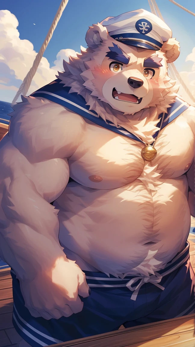 (Vision:1.5), solitary, anthropology, hairy, hairy male, Bear, ((Fluffy fur, Fluffy, hairy body)), (bear print), (Thick eyebrows), youth, muscular, pectoralis major, White fur, Golden pupils, Detailed teeth, defaced face, fundos, sailor, 蓝白条纹sailor服, White beret, On board, Sailing, sideways, Shy expression, blush, (Dynamic poses:1.5), Clear facial features, Strong, majestic, alone, panoramic, Fog atmosphere, early morning, Tyndall Light Effect, On deck, early morning的阳光, (By Empty Ghost, From bear20, masterpiece, high quality, high resolution,8k)