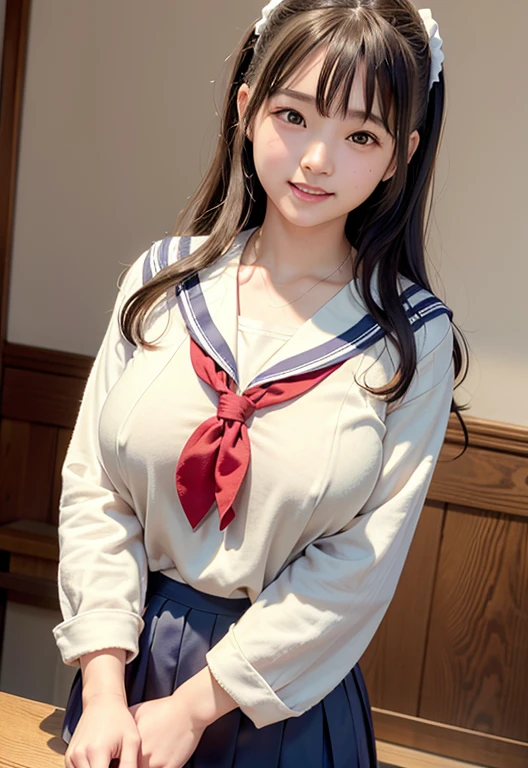 (Highest quality,masterpiece:1.3,Ultra-high resolution),(Very detailed、Caustics) (Realistic:1.4, RAW shooting、)Ultra-Realistic Capture、Very detailed、Natural skin texture、masterpiece、(Japanese girl wearing junior high school sailor uniform:1.3)、Adorable expression、Expressions of happiness、、Young Face、Amazingly cute、Twin tails、Curly Hair、Black Hair、Scrunchie、necklace、Bare arms、light makeup、A cup breasts、Shining Breasts、Shining thighs、Filmed in a private room at a sex shop、The scene when he entered the room、A pose that emphasizes the chest、smile、An inviting gaze、Full body photo、Anatomically correct、Attention to detail、