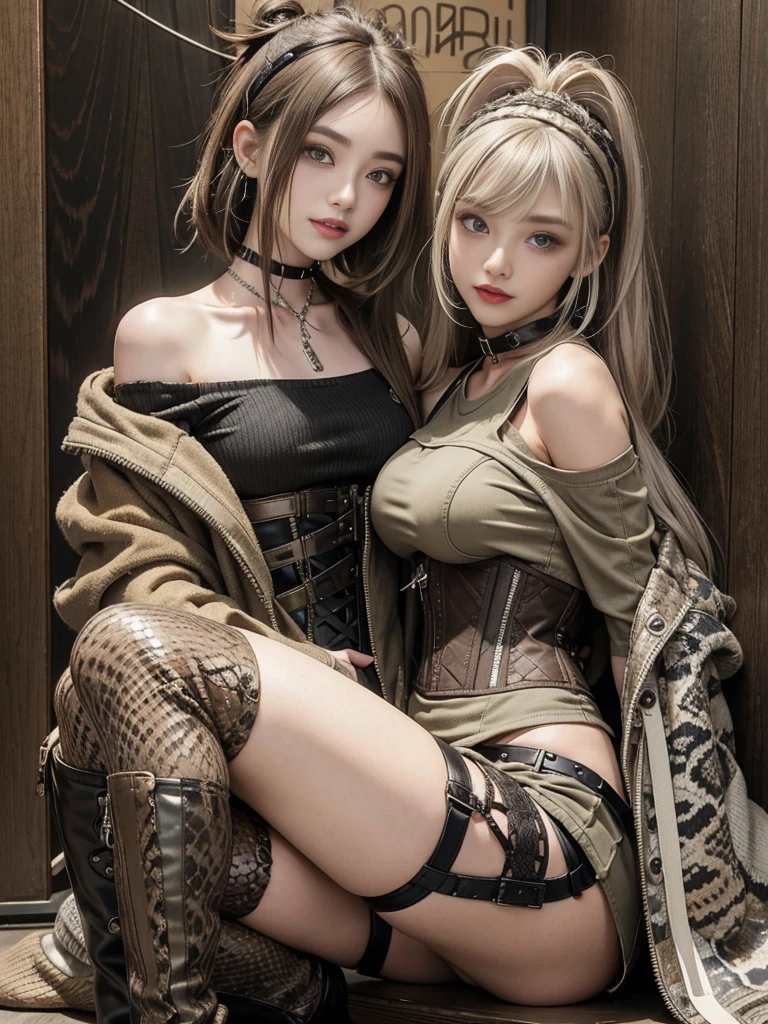 (Smiling with teeth showing:1.3),(Shibuya Gal:1.5)、(Beautiful:1.5)、(Neo-goth fashion:1.5)、(Punk RockVisual Kei:1.5)、(An off-the-shoulder hoodie in khaki and brown with delicate silver accessories.:1.5)、(A corset with a delicate beige and brown design:1.4)、(Dark grey, khaki and brown snakeskin bodysuit:1.5)、(Snake print headband:1.3)、(Beige and charcoal knee socks:1.4)、Embellished collar and long boots、(I'm selling snake print underwear.:1.4)、(Long eyelashes:1.3)、(Age 25)、((Highest quality、8k、masterpiece:1.3))、1 Female、Slim and beautiful abs:1.3、(hairstyle casual、Beautiful boobs:1.1)、(Doing an aerobics pose:1.3)、dress:1.1、Super small face、Narrow eyes、double eyelid、A sloppy smile、Esbian all over body、Dynamic Angle、Close-up、CPL Filter、Blurred Background、Bokeh、Blue Hour、Detailed face and skin texture、Detailed eyes、,(Twin tails:1.3)、(Brown-golden hair:1.3)、Gravure idol、(The background is a glamorous dance hall:1.3)、(Make your legs thinner:1.4)、(Slim Body:1.3)、(clavicle:1.1)