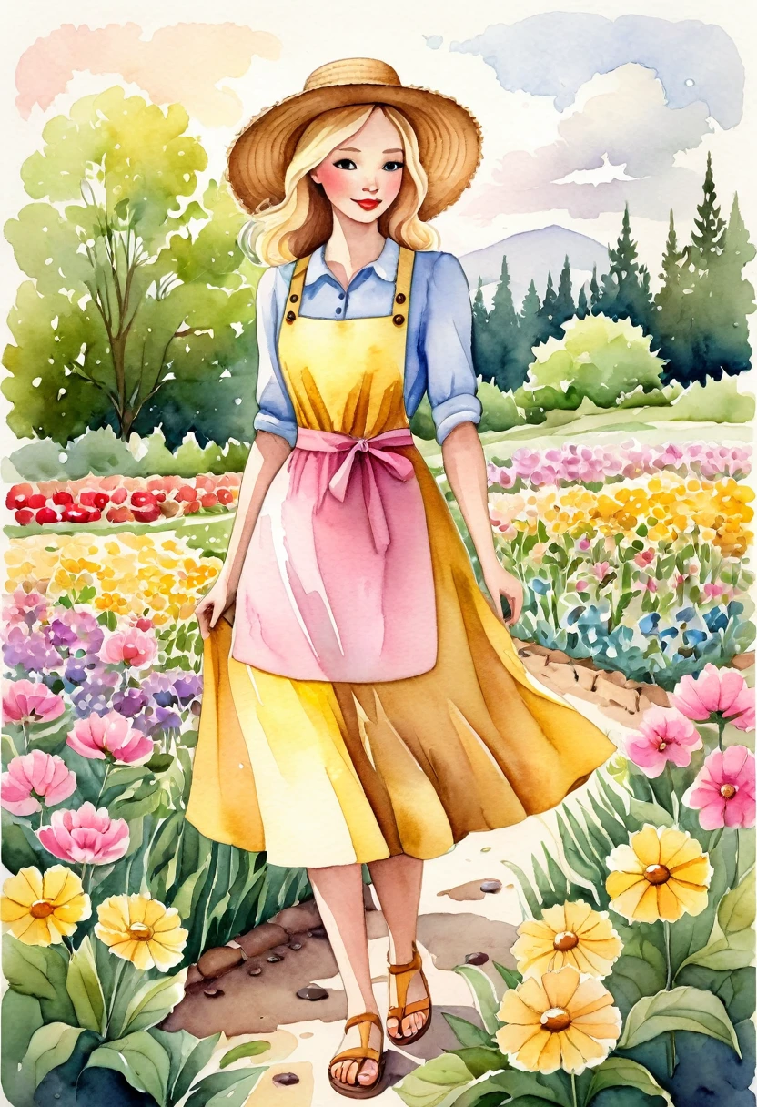 better quality. watercolor illustration, cartoon style, of a graceful Russian woman tending a flower garden in soft tones, straw hat, wavy blonde hair, yellow dress complemented by a pink apron with buttons, sandals on her feet, big brown eyes looking tenderly for your flourishing flora, detailed lines, paper colors, textured and ultra-thin paper. by Alicia Austin, Amanda Sage and Andien de Clermont. anime, kawaii,