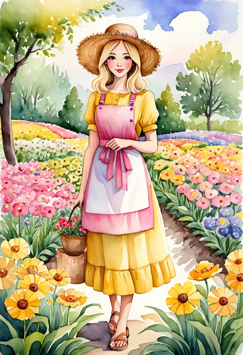 better quality. watercolor illustration, cartoon style, of a graceful Russian woman tending a flower garden in soft tones, straw hat, wavy blonde hair, yellow dress complemented by a pink apron with buttons, sandals on her feet, big brown eyes looking tenderly for your flourishing flora, detailed lines, paper colors, textured and ultra-thin paper. by Alicia Austin, Amanda Sage and Andien de Clermont. anime, kawaii,