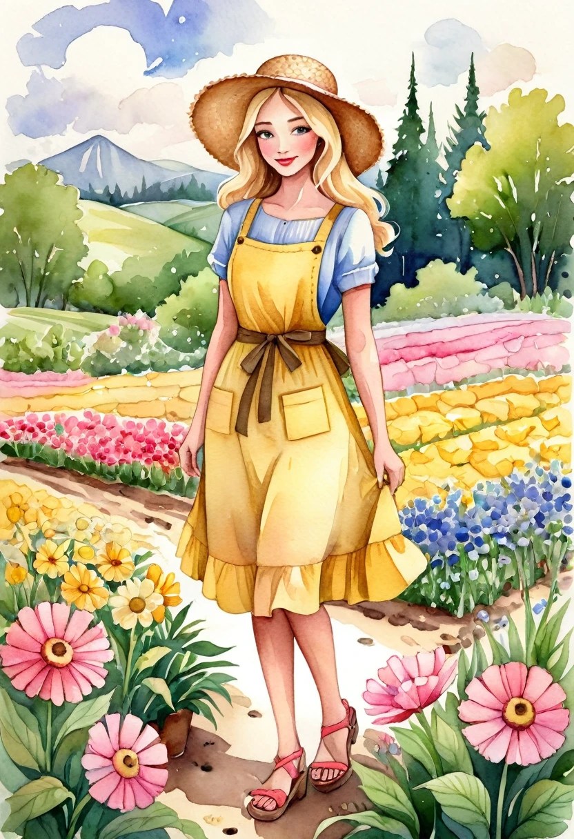 better quality. watercolor illustration, cartoon style, of a graceful Russian woman tending a flower garden in soft tones, straw hat, wavy blonde hair, yellow dress complemented by a pink apron with buttons, sandals on her feet, big brown eyes looking tenderly for your flourishing flora, detailed lines, paper colors, textured and ultra-thin paper. by Alicia Austin, Amanda Sage and Andien de Clermont. anime, kawaii,
