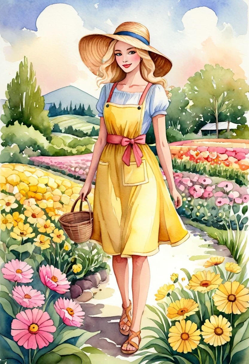 better quality. watercolor illustration, cartoon style, of a graceful Russian woman tending a flower garden in soft tones, straw hat, wavy blonde hair, yellow dress complemented by a pink apron with buttons, sandals on her feet, big brown eyes looking tenderly for your flourishing flora, detailed lines, paper colors, textured and ultra-thin paper. by Alicia Austin, Amanda Sage and Andien de Clermont. anime, kawaii,
