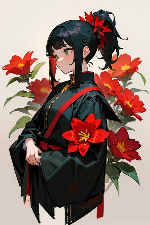 myself, yellow_student, +_+, black_hair, expensive_ponytail, red_flower_hair_ornament, masterpiece, Highest quality, Super detailed, figure, alone, One girl