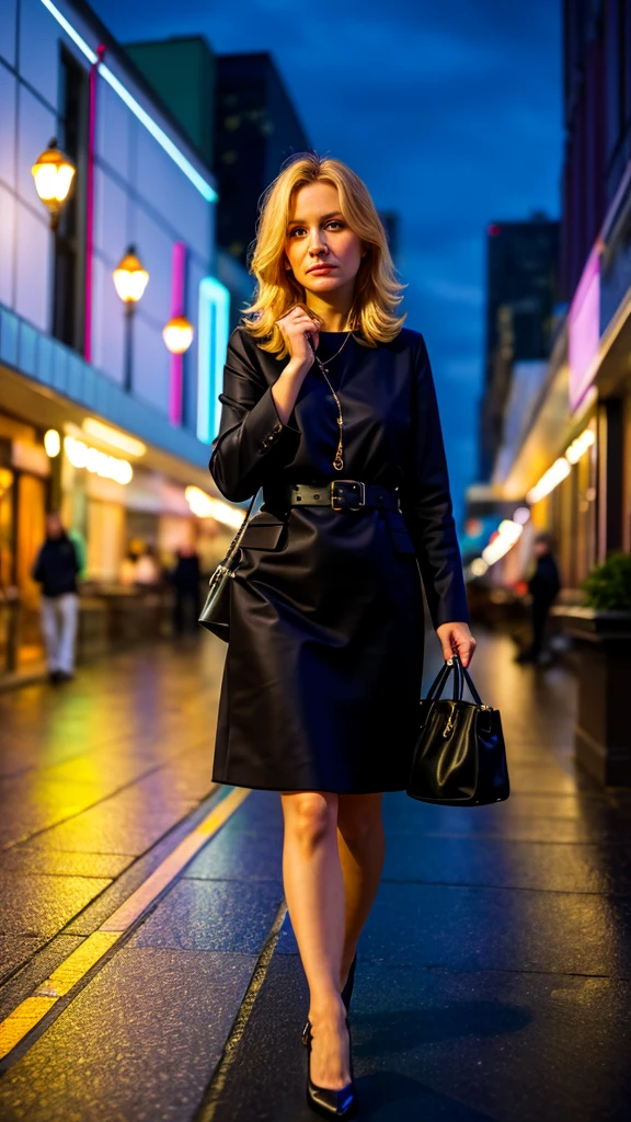 color photography of 40 years old (Polish woman:1.3), elegant, (in city promenade:1.3), at night, flat lighting, (soft saturation:1.2), analog style,
