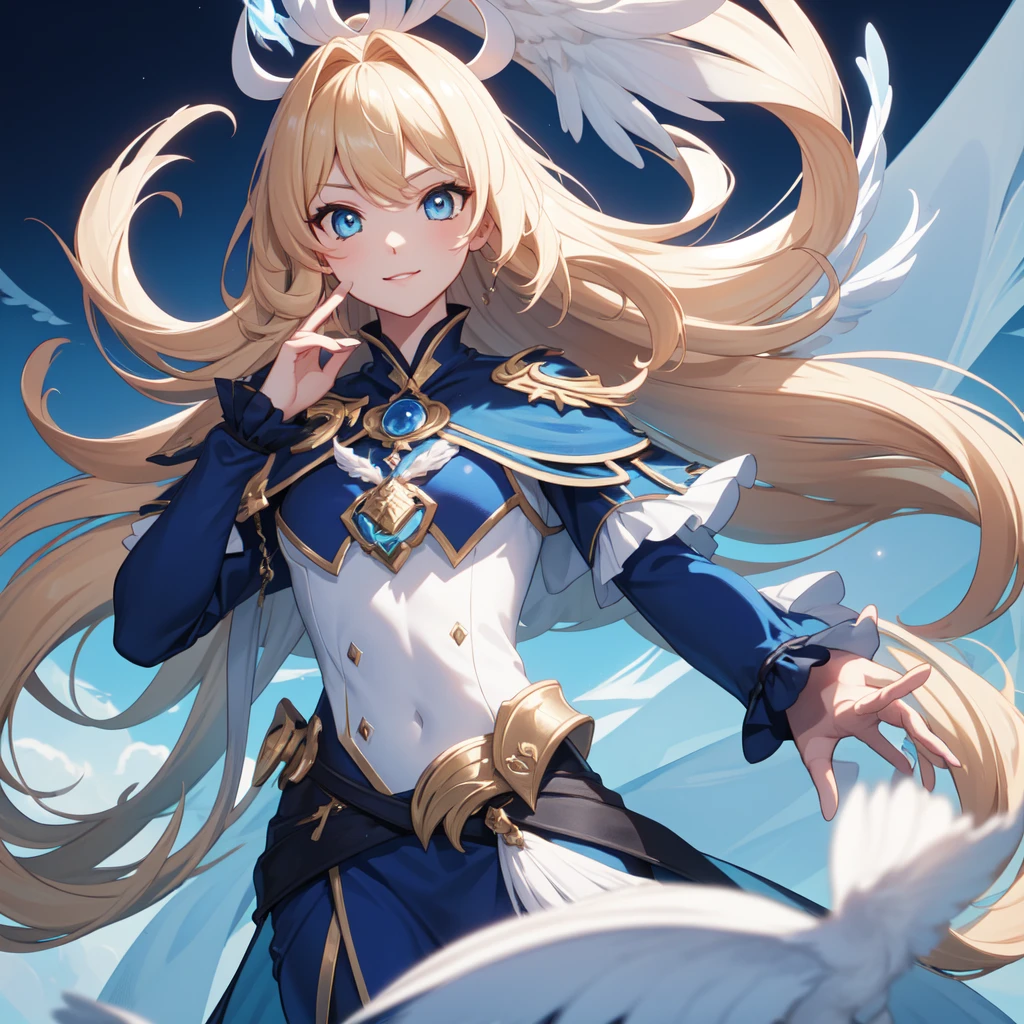 Qualité 4K:1.2,Super belle illustration:1.2,Séraphin,((Six plumes blanches sur le dos)),blond,Coiffures longues,((beaux yeux bleu cobalt:1.2)),nul