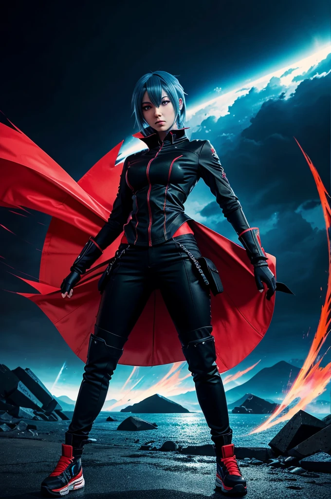 Anime-style character with blue hair, wearing a black outfit with red accents, standing in a dynamic pose with a dramatic background.