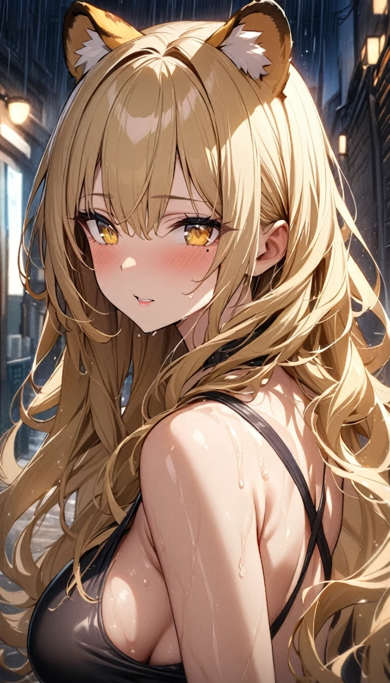 1girl、(((best quality)), ((masterpiece)), (details), masterpiece, best quality, high quality, ulutra detailed, perfect face, ((1girl, blond eyes, tiger ears: 1.3 blond long hair: 2.5,Mole under left eye：2.0))、Shiny Hair、Glowing Skin、Lustful look、Large breasts、nightの街並み、Back alley lined with bars、、The lights shine、night、It rains、Brushing back wet hair、