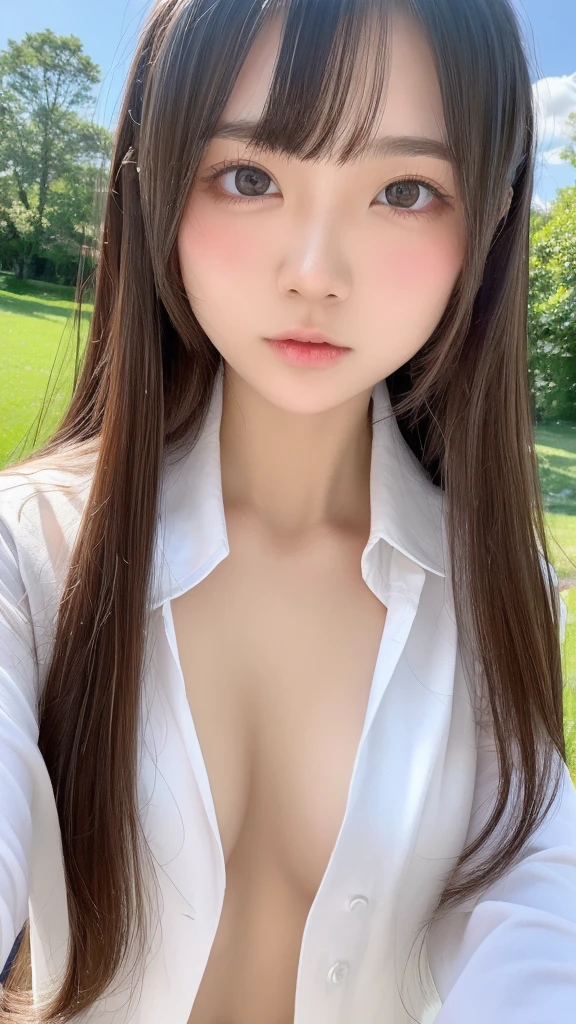 absurdres, (masterpiece, best quality), (ultra-detailed), extremely detailed,super high resolution, (Top Quality photorealistic Illustration), (Super Definition), (best quality,masterpiece:1.0),(cute illustration:1.3), (high Saturation:1.2), highres, ultra-detailed, 32k,8k resolution, intricate details, cinematic scene, detailed background, Soar (High chroma),(Sparkling),bathroom, depth background, in the beautiful campus, infront of school, garden, blue sky, windy, rim light, sunlight, beautiful lighting, strong light,BREAK (1 girl) (kawaii:1.6), (cute:1.6), Beautiful and delicate eyes, Delicate and beautiful face, Facial accents, Perfect figure,(open shirt:1.6), (show off nipples:1.6), (exposing bare breasts:1.3), (exposed chest:1.3), (small breasts:1.3), (small areolas:1.4), Uniforms、bright expression、short bowl cut、Young shiny shiny white shiny skin、Best Looks、Natural black hair with dazzling highlights、shiny light hair,、short hair, silky straight hair、Beautiful bangs that shine、Double eyelids、eye liner、Glowing crystal clear attractive big brown eyes、Very beautiful nice cute 14 year old Nordic girl、