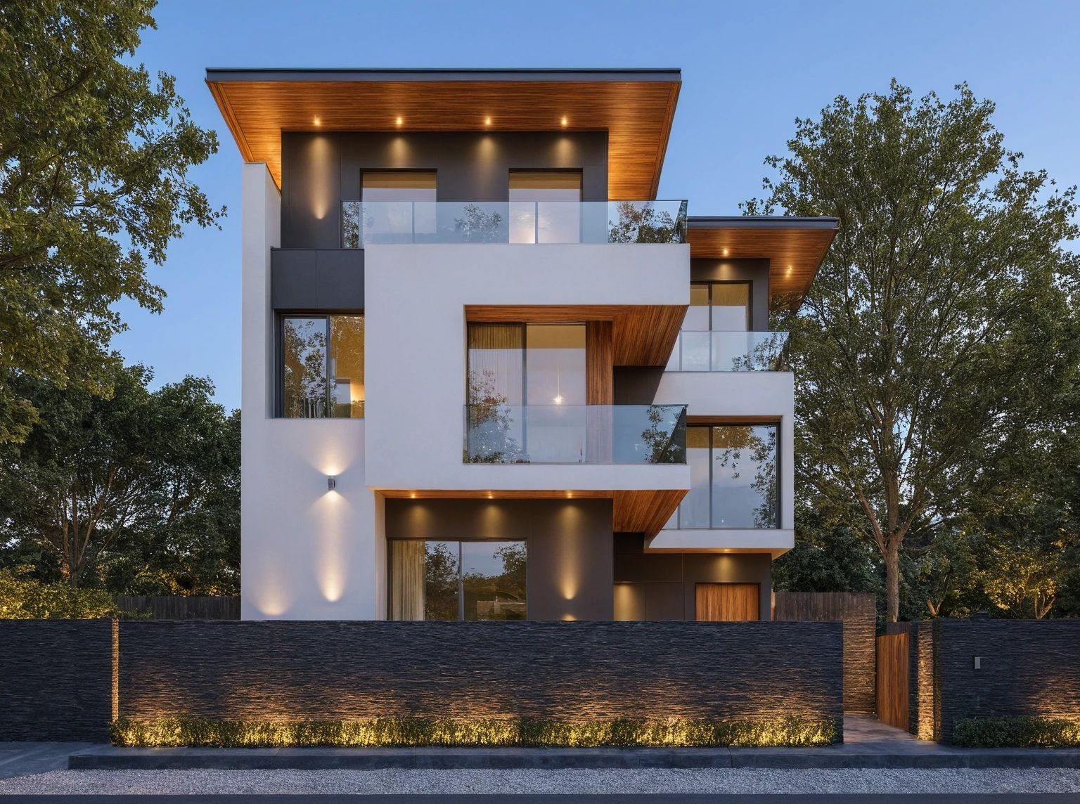 (Description of the first floor, ((white wall:1.2) mix design (Black aluminum brace separates villa floors)) , glass ceiling, and additional black marble map, (LED aluminum bar lights installed in ceiling and ceiling for exterior design), (2-sided spotlight for exterior design on the fence and door of the house), lighting steps leading up to planting flowers), modern villa design, (block sidewalks and asphalt roads), (day sky background), Low trees around the house, (mid day), (Neutral lighting is suitable for the townhouse, light color thermometer lighting), (architectural design visualization), (reflection), (focus on object), (material normal bump real reflection), (scattered light), (light ray), (multi-beam light), (sunbeam) (multi-level reflection), (chao vantage software visualization render),(((Best Quality))), ((Masterpiece)), ((best illustration)), ((best shadows)), ((Super Detail)), (Intricate lines), (Photorealism),(hyper detail), ((archdaily)), ((award winning design)), (dynamic light), ((day)), spotlight, (perfect light), (shimering light), ((photorealistic)), ((intricate detail)), ((extreme detail)), ((crazy detail)), ((octane render)), ((trending on artstation)), ((High-fidelity)), ((Viwvid)), ((Crisp)), ((Bright)), ((Stunning)), ((Eye-catching)), ((High-quality)),((Sharp))((Bright)), ((Stunning)), ((natural sun environment)), ((Eye-catching)), ((Illuminating)), ((Flawless)), ((High-quality)),((Sharp edge render)), ((medium soft lighting)), ((photographic render)), ((detailed archviz)), ((reality environment)), (modern villa design architectural design facade), (modern villa facade roof design), (modern villa facade wall design), (modern villa facade decoration material design) (modern villa door and window design modern), (environmental lighting design), (modern villa lighting design), (modern villa front gate and fence design), (Design lights for gate posts and fences), (modern villa facade railing design), 