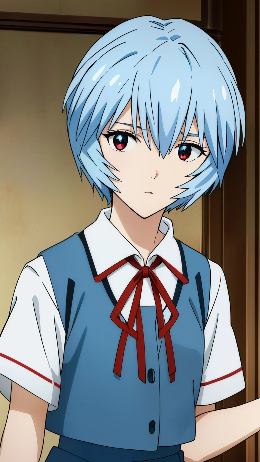 reiayanami, rei ayanami, (ayanami rei:1.2), blue hair, short hair, (red eyes:1.2),
BREAK (light blue skirt, light blue vest, vest, shirt, ribbon, uniform, white shirt, short sleeves, red ribbon, neck ribbon, (Tokyo Junior High School uniform: 1.5)),
BREAK (masterpiece:1.2), best quality, high resolution, unity 8k wallpaper, (illustration:0.8), (beautiful detailed eyes:1.6), extremely detailed face, perfect lighting, extremely detailed CG, (perfect hands, perfect anatomy),cowboy Shot,