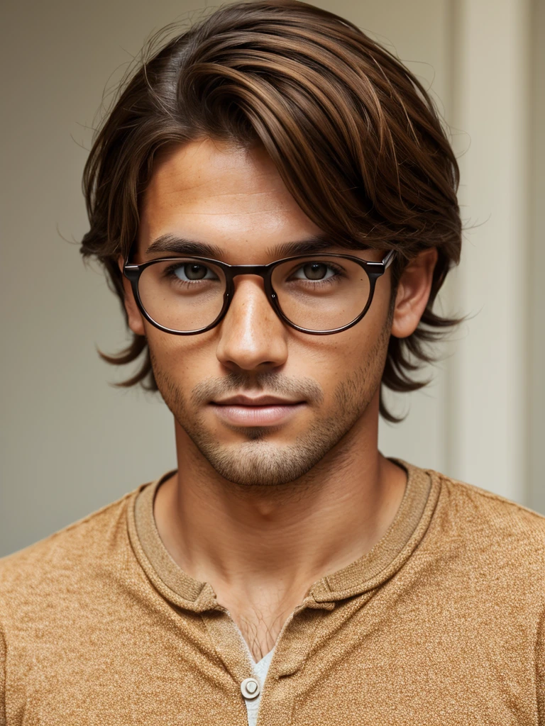 (best quality), 1boy, Male, honey tanned skin, chestnut brown hair, short hair, slightly wavy hair, brown eyes, perfect eyes, freckles, glasses, shirt, fully clothed, masterpiece, anatomically correct, highres