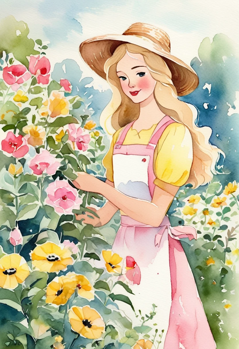better quality. watercolor illustration, cartoon style, of a graceful Russian woman tending a flower garden in soft tones, straw hat, wavy blonde hair, yellow dress complemented by a pink apron with buttons, sandals on her feet, big brown eyes looking tenderly for your flourishing flora, detailed lines, paper colors, textured and ultra-thin paper. by Alicia Austin, Amanda Sage and Andien de Clermont. anime, kawaii,