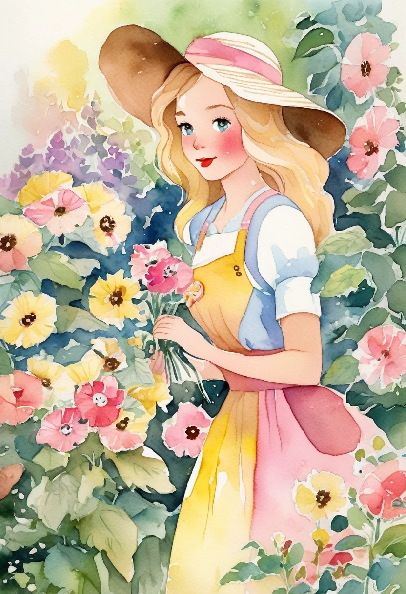 better quality. watercolor illustration, cartoon style, of a graceful Russian woman tending a flower garden in soft tones, straw hat, wavy blonde hair, yellow dress complemented by a pink apron with buttons, sandals on her feet, big brown eyes looking tenderly for your flourishing flora, detailed lines, paper colors, textured and ultra-thin paper. by Alicia Austin, Amanda Sage and Andien de Clermont. anime, kawaii,
