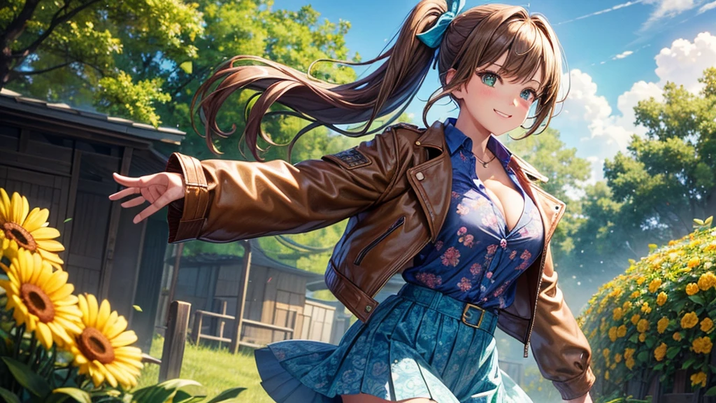 1girl, solo, full body, summer, village, trees, sun, clouds, ((colorful hair)), side ponytail, large breasts, ((brown leather jacket)), button down shirt, ((blue floral pattern shirt)), ((unbuttoned shirt)), unbuttoning buttons, cleavage 1:3, green eyes, grey skirt, smile, happy, looking at the viewer, standing, hair ribbon, golden necklate