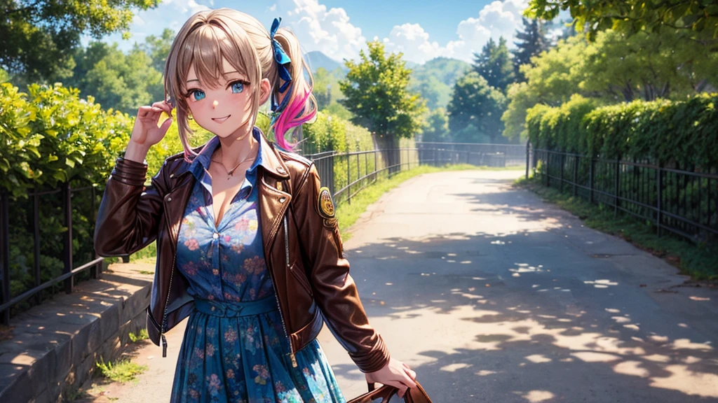 1girl, solo, full body, summer, village, trees, sun, clouds, ((colorful hair)), side ponytail, large breasts, ((brown leather jacket)), button down shirt, ((blue floral pattern shirt)), ((unbuttoned shirt)), unbuttoning buttons, cleavage 1:3, green eyes, grey skirt, smile, happy, looking at the viewer, standing, hair ribbon, golden necklate