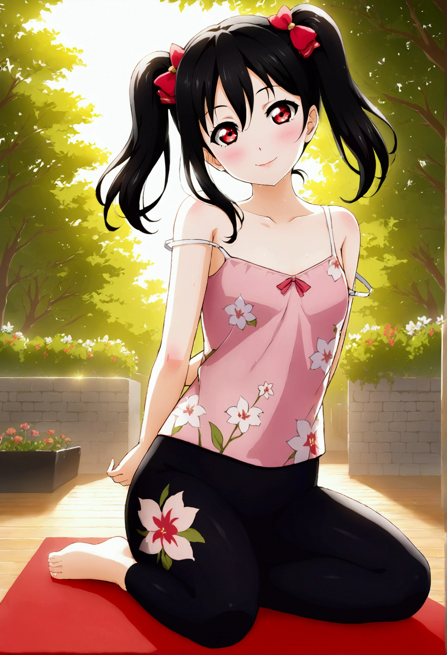 masterpiece, best quality,yazawa nico, black hair, twintails, red eyes, volumetric lighting, illustration, beautiful, tight , Blushing, breasts, looking at viewer, flowers printed tank top, yoga pants,solo, curvy body,floral print, strap slip, seductive smile, (arms behind back, head tilt:1.1),(breathtaking scenery:1.1), tree, blushing full body shot, one nipple out 