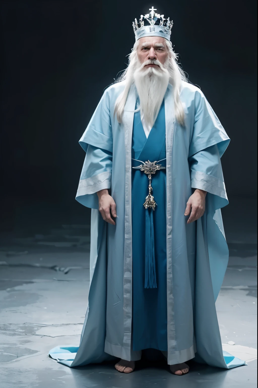 An Ice King, a thin old wizard, with pale cyan skin
 His nose is long and pointed. He has a pale face. He has a beard and thick white hair that reaches the floor. He wears a long blue robe that covers his entire body and wears a crown decorated with three shining crimson jewels. His face looks serious. He has dead eyes. His hands are very thin and have pointed nails. He stands with a slightly hunched back and has wrinkles.