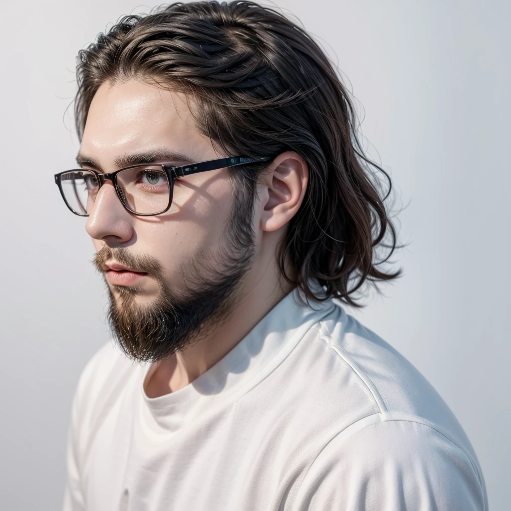 create a profile picture for me of a 25 year old man with a beard, straight and short hair and wear glasses, de terno e gravata, White background