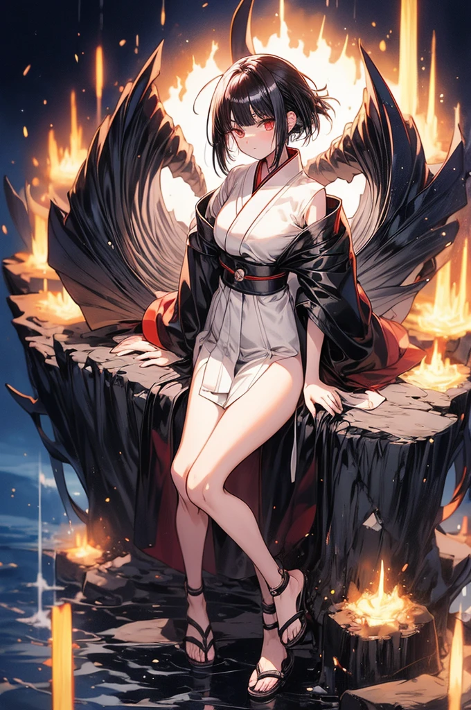 Shizune from Naruto fair slender women average height and slender build with very big   onyx eyes and jet-black hair; her hair is straight shirt reaching only her neck with bangs that cover her ears and frame her face, wearing long bluish-black kimono with white trimmings, held closed by a white obi, and open-toed sandals with low heels.