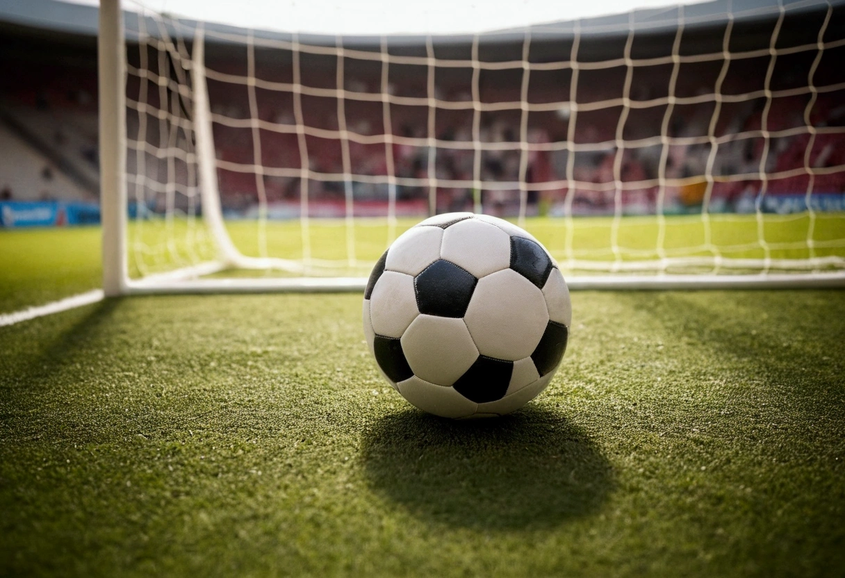a picture of a soccer ball on the floor, soccer goal in the background like in a commercial, soccer goal out of focus
