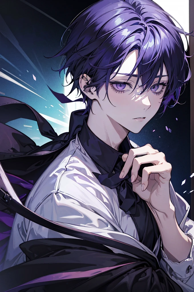 1 person, Anime, Dark purple hair parted on the side, Black eye contour, Wear a white long-sleeved shirt, Dark purple eyes.