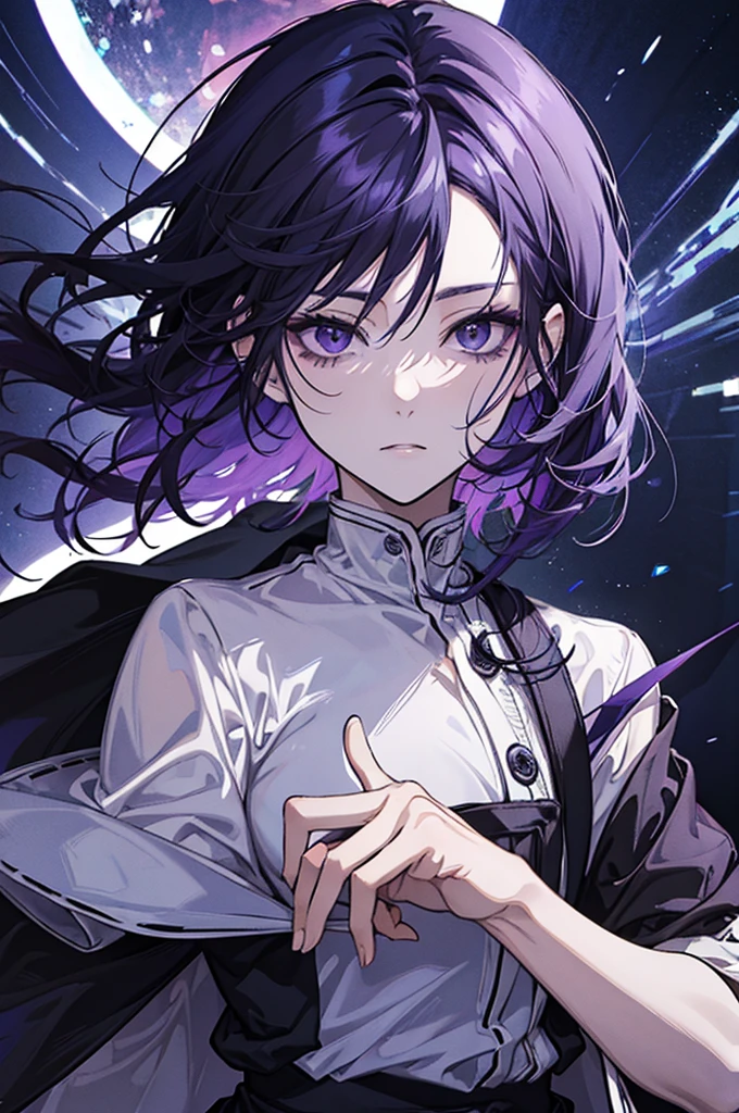 1 person, Anime, Dark purple hair parted on the side, Black eye contour, Wear a white long-sleeved shirt, Dark purple eyes.